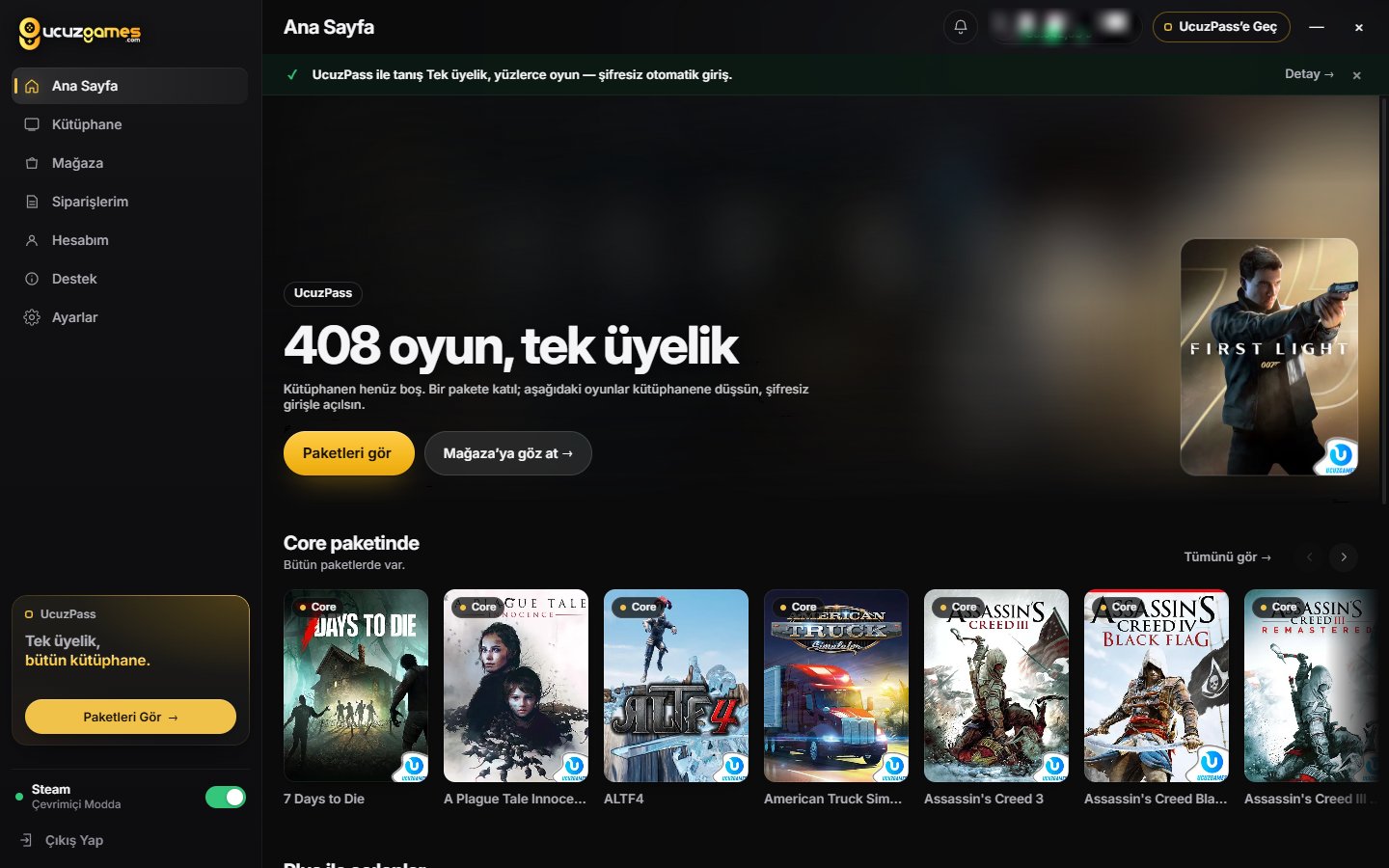 UcuzGames uygulamasının ana sayfası