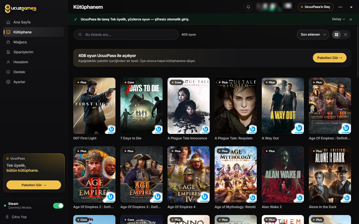 UcuzGames uygulaması: Kütüphane ekranı