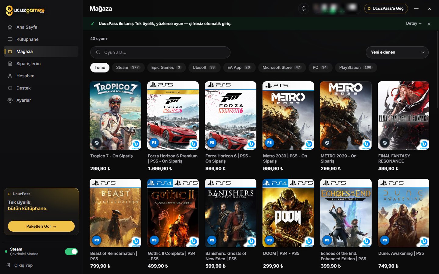 UcuzGames uygulaması: Mağaza ekranı